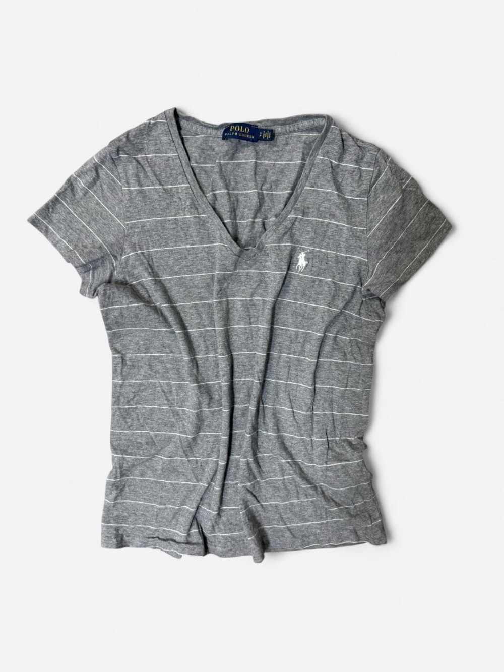 Ralph Lauren Gray & White Striped V-Neck Tee